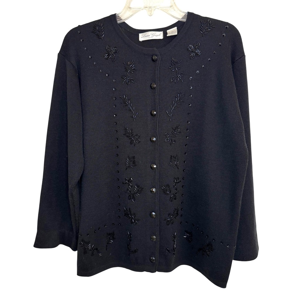 Laura Gayle Petite Black Beaded Wool Blend Cardigan Sweater Women Large Vintage